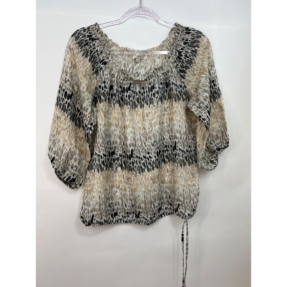 Ann Taylor Loft Blouse Sheer 3/4 Sleeve Geometric Print Tan Tie Hem Womens Sz S